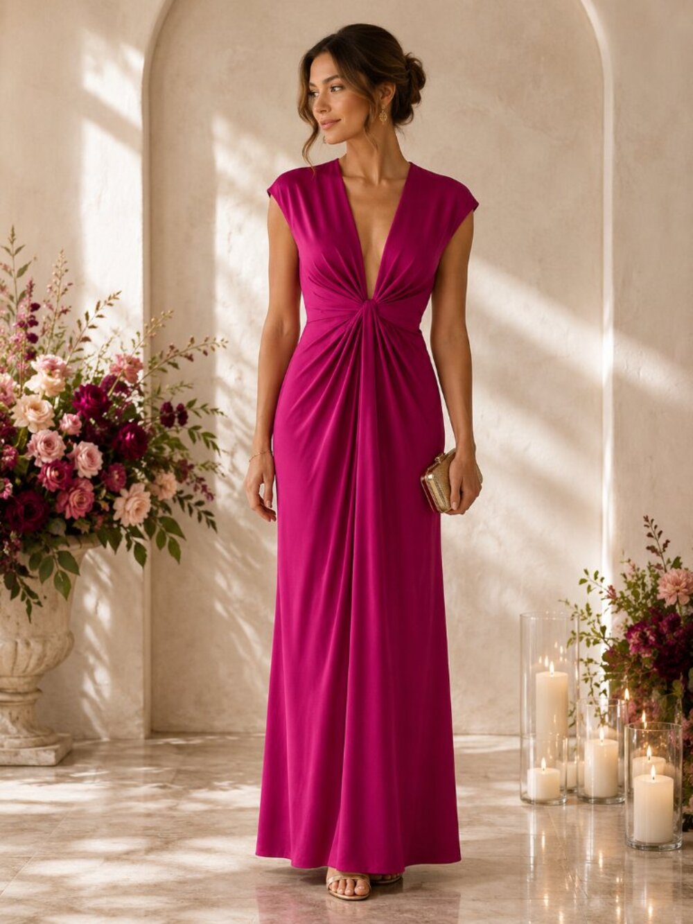 Jill Stuart BHLDN Fushia Plunge V Neck Open Back Maxi Dress Size 0